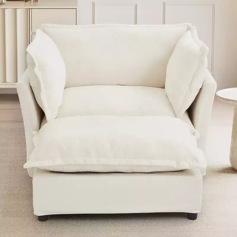 Chenille Armchair with Movable Ottoman, Wide Seat & Curved Armrests