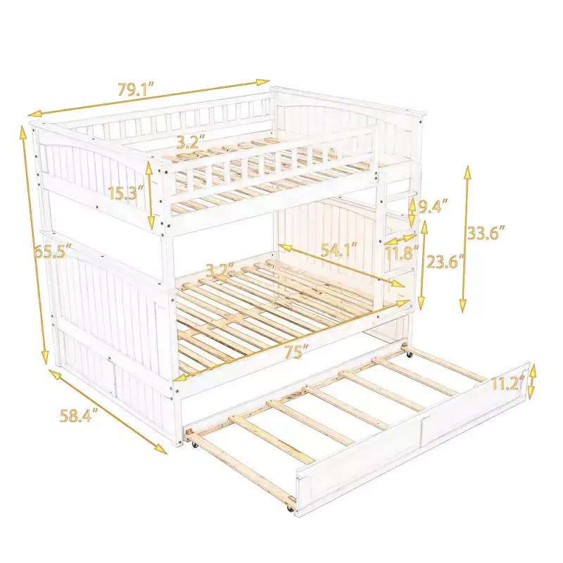 Full over Full Bunk Bed with Trundle, Full Size Wood Bunk Bed Frame for Kids and Teens