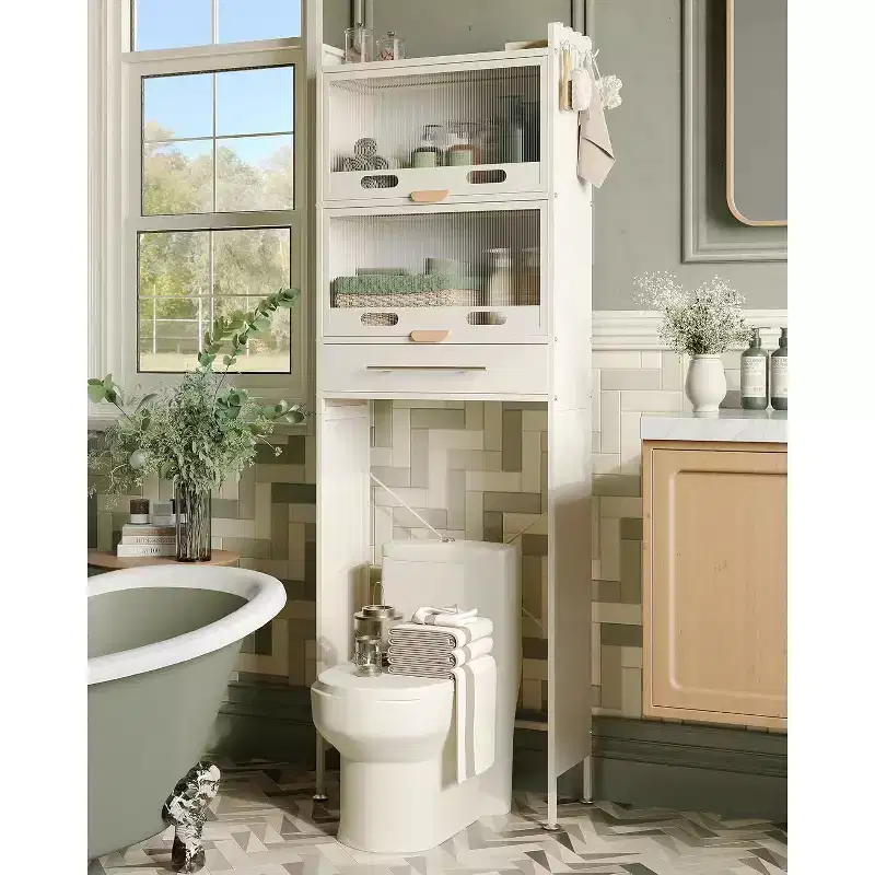 23.6'' W Over The Toilet Storage Cabinet, Stainless Steel Over The Toilet Shelf with Flip Doors & Drawers