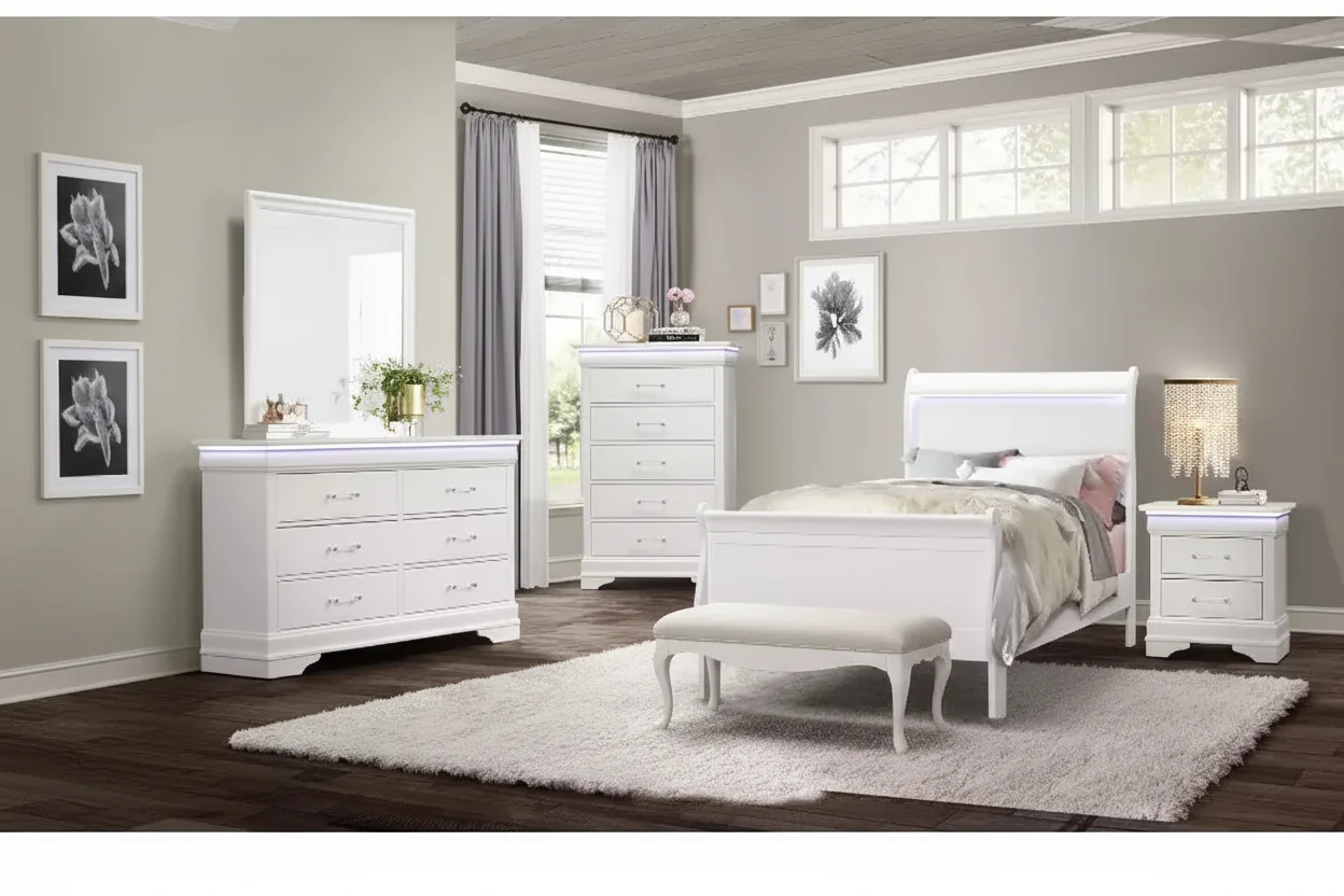 47 in. H Twin Size White Bed Frame with Headboard, LED Accent Lighting