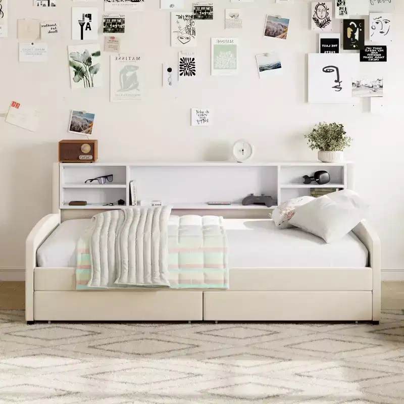Twin Size Daybed Frame with 2 Storage Drawers and Side Storage, Velvet Upholstery