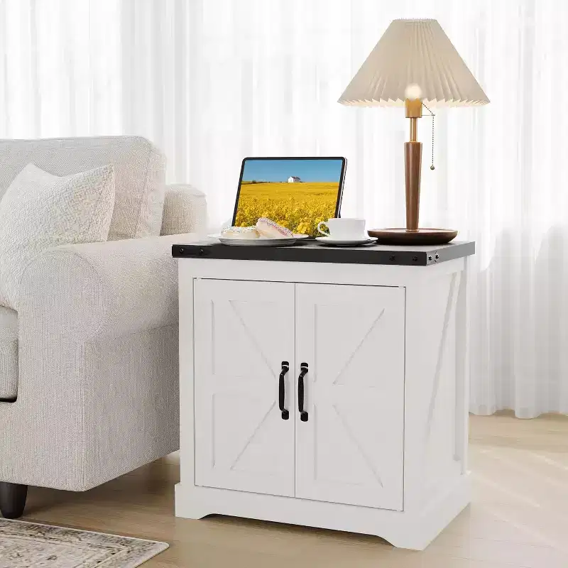 White Farmhouse Large Storage Cabinet & Sliding Barn Door, Rustic End Table or Nightstand for Living Room, Bedroom
