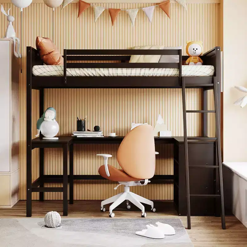 Twin size Wooden Loft Bed With Shelves And Desk - ModernLuxe