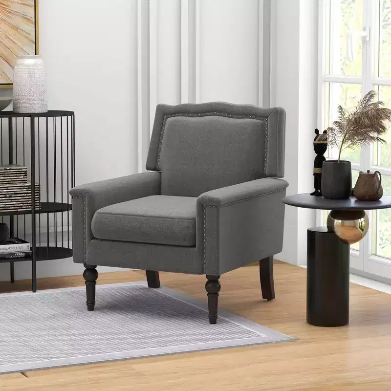 Grey Mid-Century Armchair, Single, Linen & Rubber Wood
