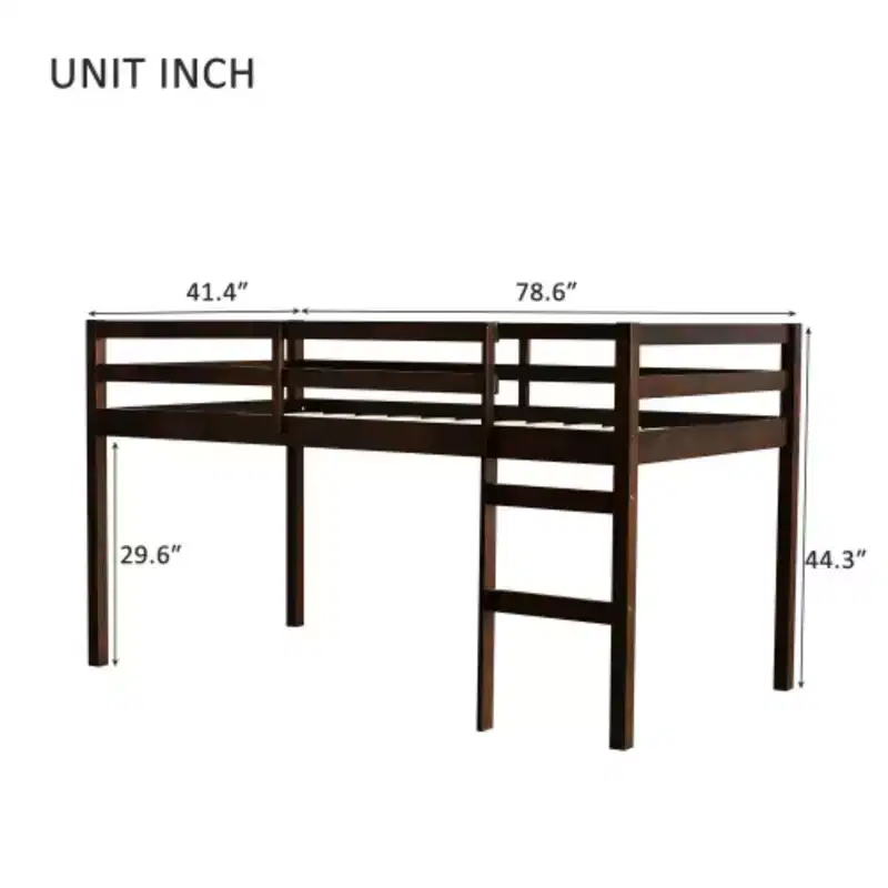 Twin High Loft Bed with Integrated Desk & Safety Guardrail, Solid Rubberwood, Grey