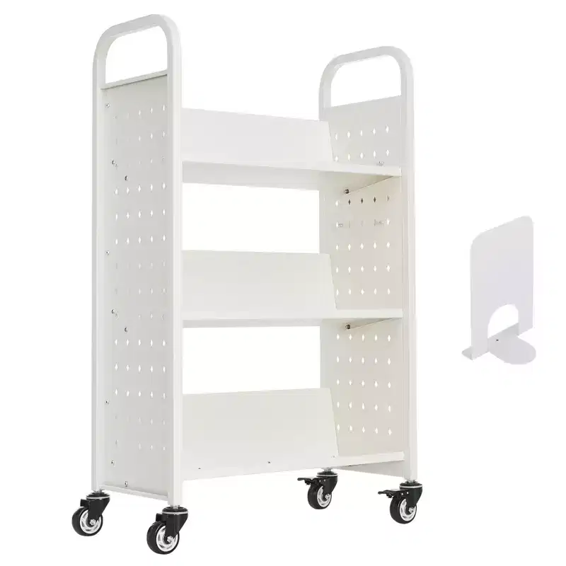 VEVOR Rolling Library Book Cart, 330 lbs Capacity, 30.3 x 15 x 48.0-Inch Library Cart, Single Sided V-Shaped Shelves with 3-Inch Lockable Wheels,White