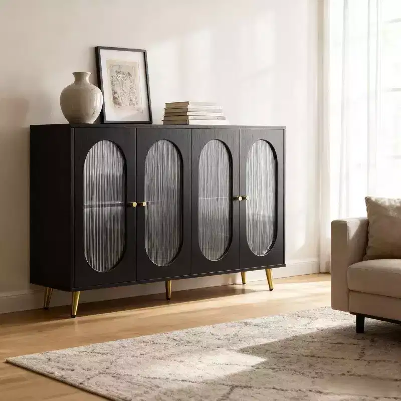 4-Door Decorative Storage Cabinet with Fluted Doors and Metal Legs for Living Room or Dining Area, Black
