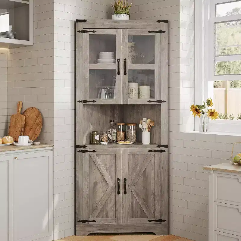 Rustic Farmhouse Tall Corner Cabinet,18.4x26x67with Glass Doors & Adjustable Shelves,Corner Storage for Kitchen,Living Room,Bathroom,Laundry Room