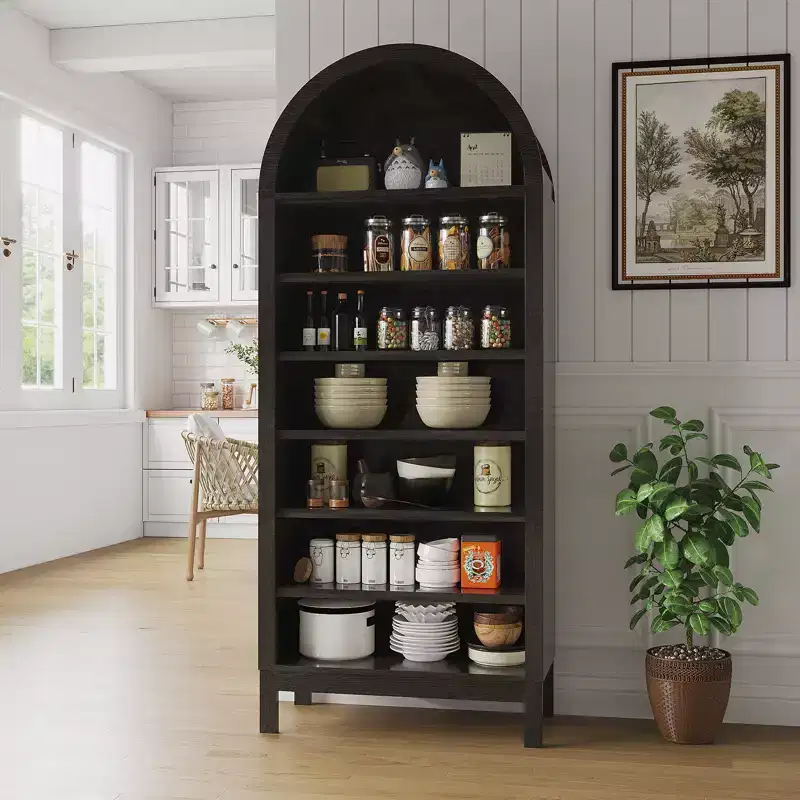 CuisinSmart 7 Tier Farmhouse arched display cabinet with Adjustable Shelves, Freestanding Tall Arched Bookshelf for Kitchen pantry Living Room
