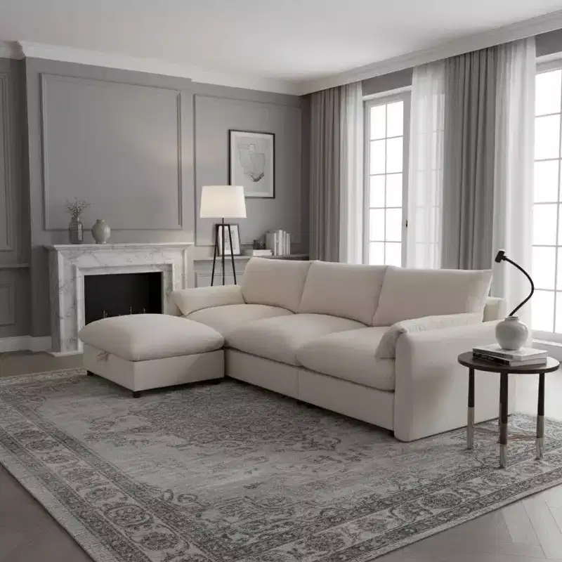 Oversized Chenille Sectional Sofa Couch with Storage Ottoman and Pockets, Adjustable Phone Holder and Charging Ports