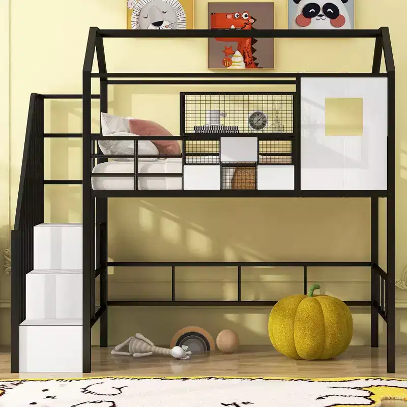 Okak 93.7IN Metal Loft Bed with House Roof Design, Bed Frames with Storage Shelves and Basket, Twin Bed for Living Room, Bedroom