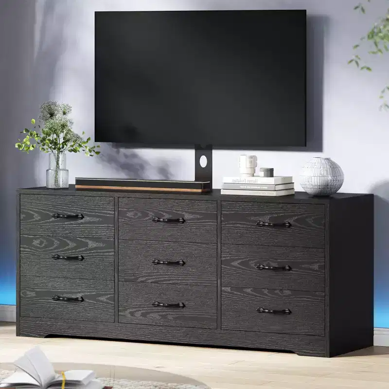 Wood TV Stand with Mount for TVs Up to 85, Entertainment Center with 9 Drawers, Adjustable Height Media Console