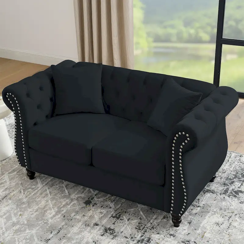 2-Seater Chesterfield Sofa with Rolled Arms and Nailhead Trim – Black Velvet