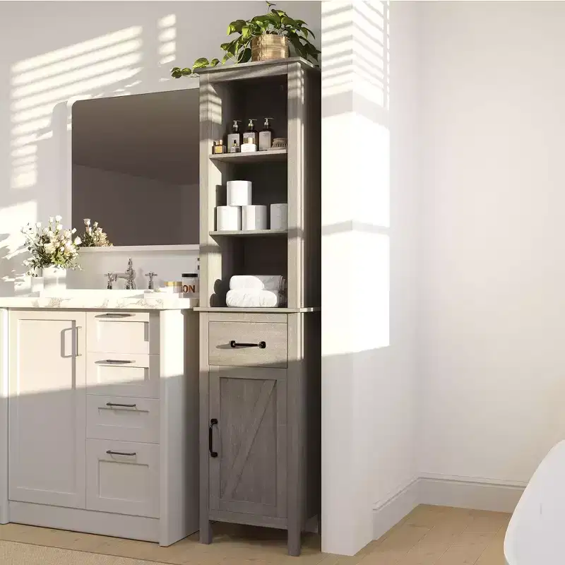 Tall Narrow Bathroom Storage Cabinet, Freestanding Thin Bathroom Cabinet for Small Spaces, Modern Bathroom Storage Cabinets with Shelves and Drawer