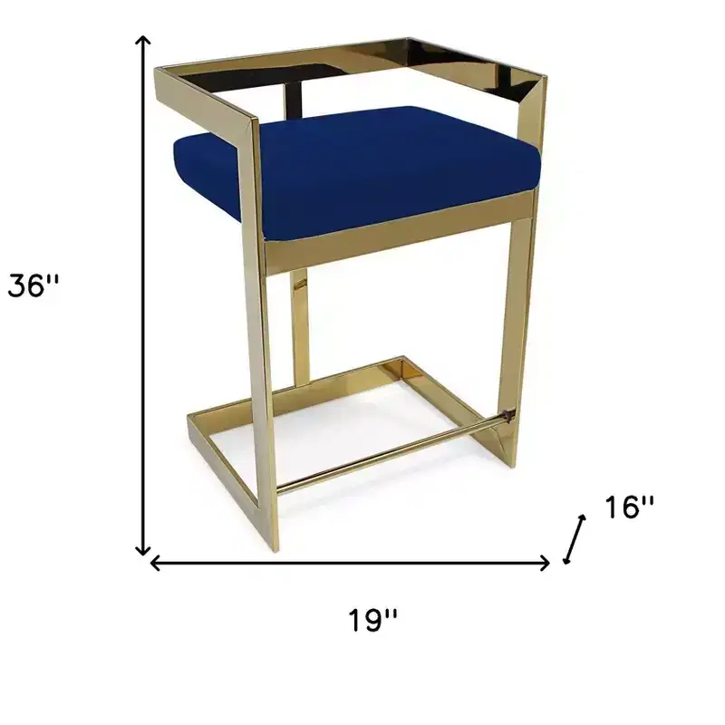 HomeRoots 26 Blue and Gold Metal and Velvet Low Back Counter Height Bar Chair