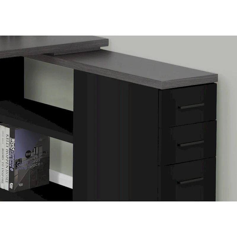 Grey Wood L-Shaped Computer Desk with Drawers and Metal Pedestal Base
