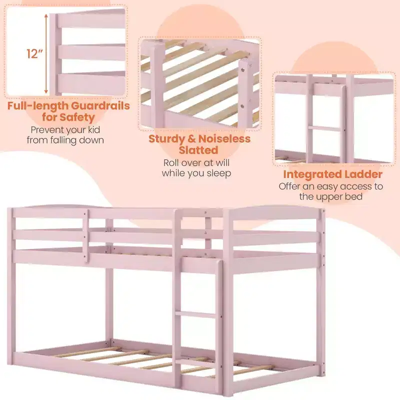 Costway Twin over Twin Low Bunk Bed with Guardrails Integrated Ladder Kids Wooden Grey/White/Beige/Pink