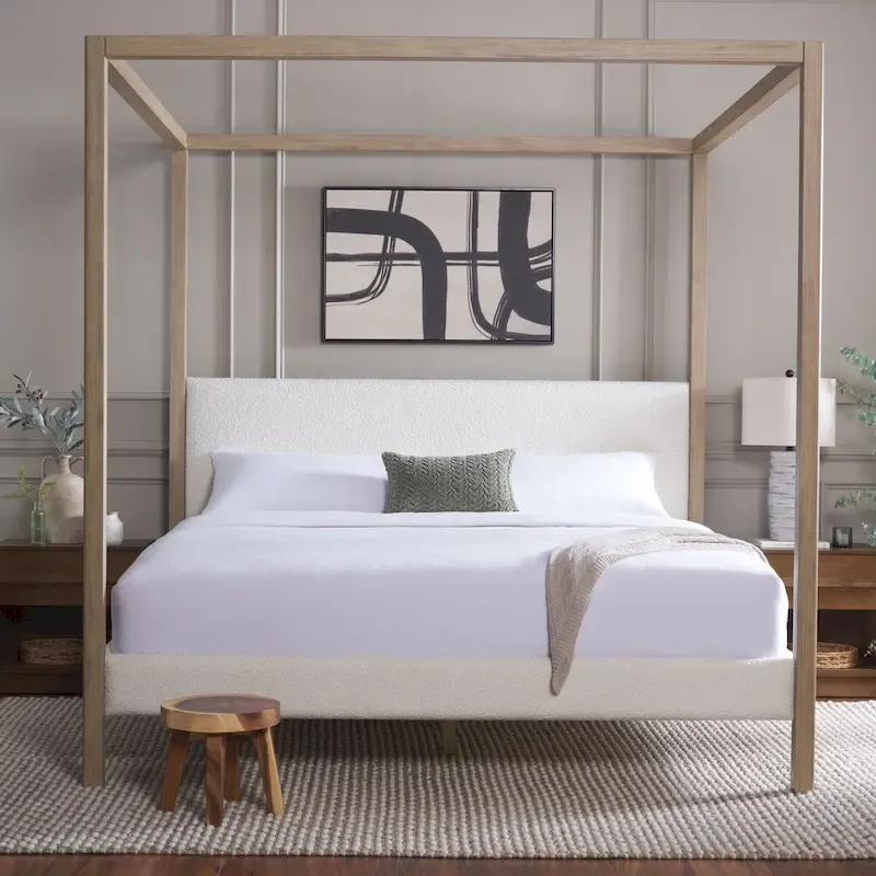 King Canopy Bed with Boucle Upholstered Headboard, Mahogany & Poplar Frame, Ivory/Natural