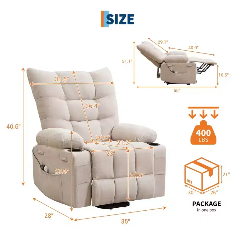 Power Lift Recliner Chair for Elderly with Massage and Heat, Oversized Massage & Heat Recliner with Soft Padded Upholstery, Side Pocket & Cup Holders
