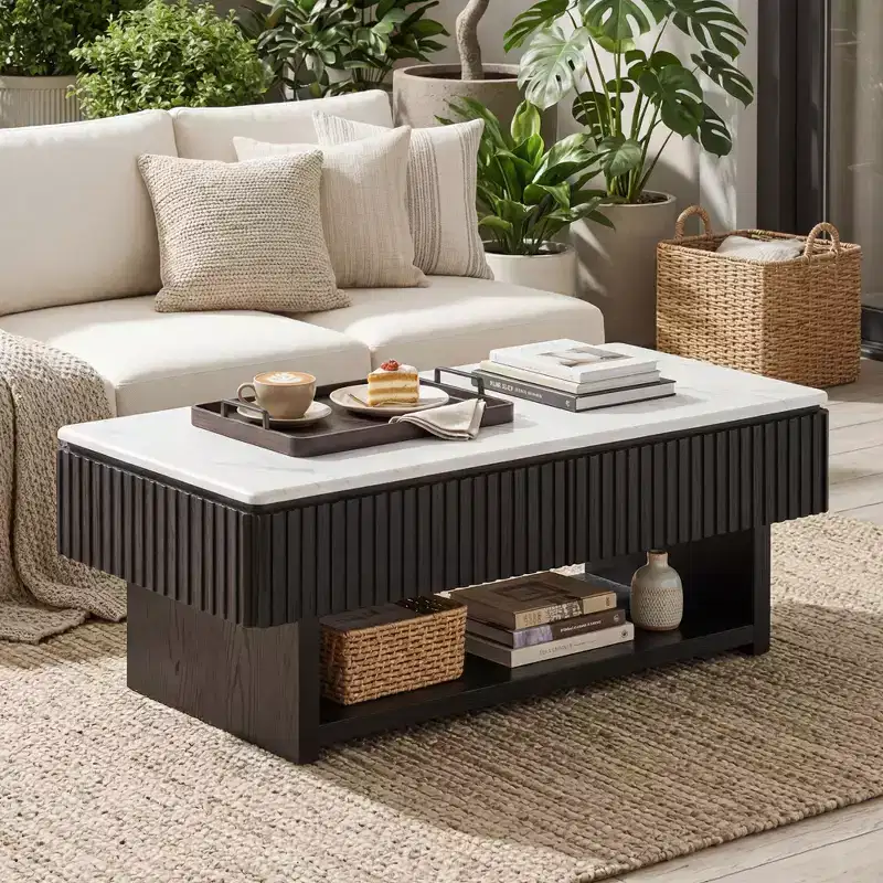 GDFStudio Modern 46.5 Multi-Functional Rectangle Lift Top Coffee Table with White Marble-Pattern Top and Solid Wood Strips