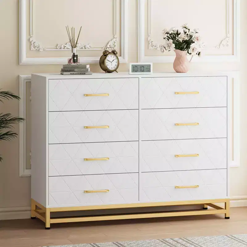 8-Drawer Wooden Dresser with Metal Handles,Sturdy Modern Bedroom Dresser with Deep Drawers,Metal-Framed Wood Chest of Drawers, Sturdy Chest