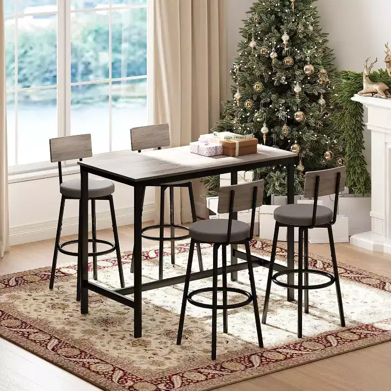 Zevemomo Dining Table Set for 4, 5-Piece Bar Table Set,Counter Height High Top Table with 4 PU Upholstered Stools, for Small Space, Gray
