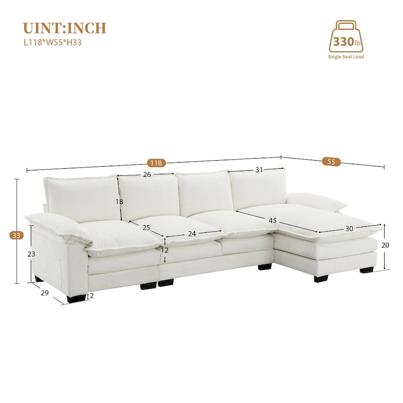 Harper&Bright Designs Modern L-shaped Chenille Cloud Sofa with Double Seat