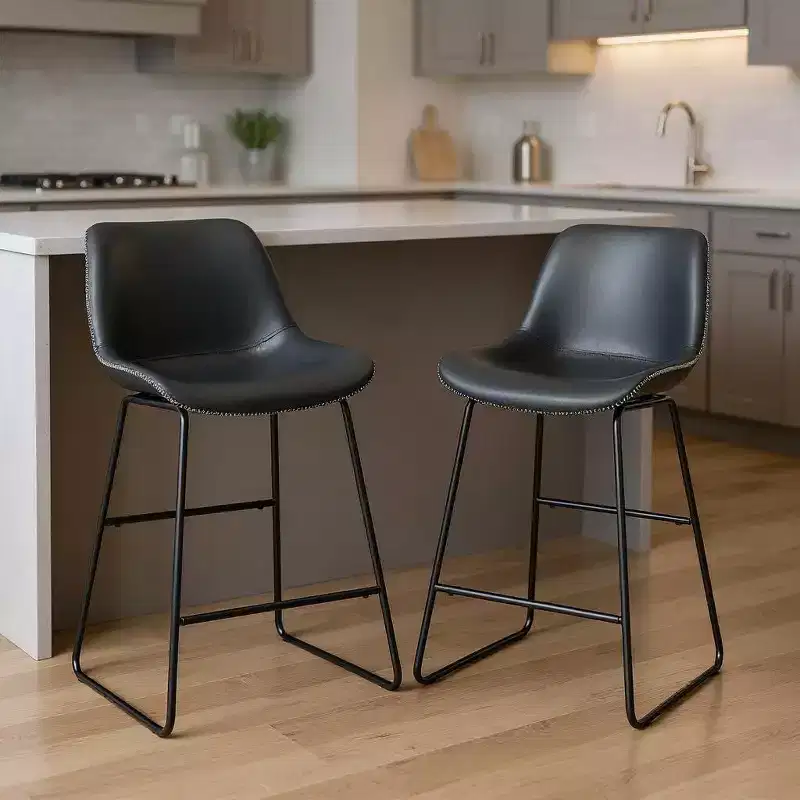 HomeRoots Set of Two Black Faux Leather and Metal Low Back Counter Height Bar Chairs