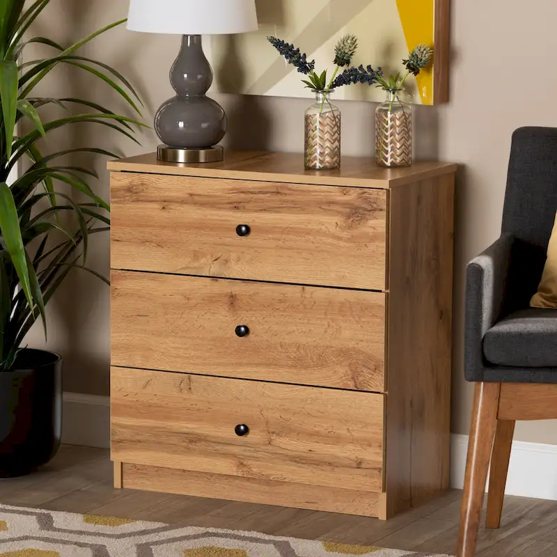 Modern Oak Brown Finished Wood 3-Drawer Storage Chest