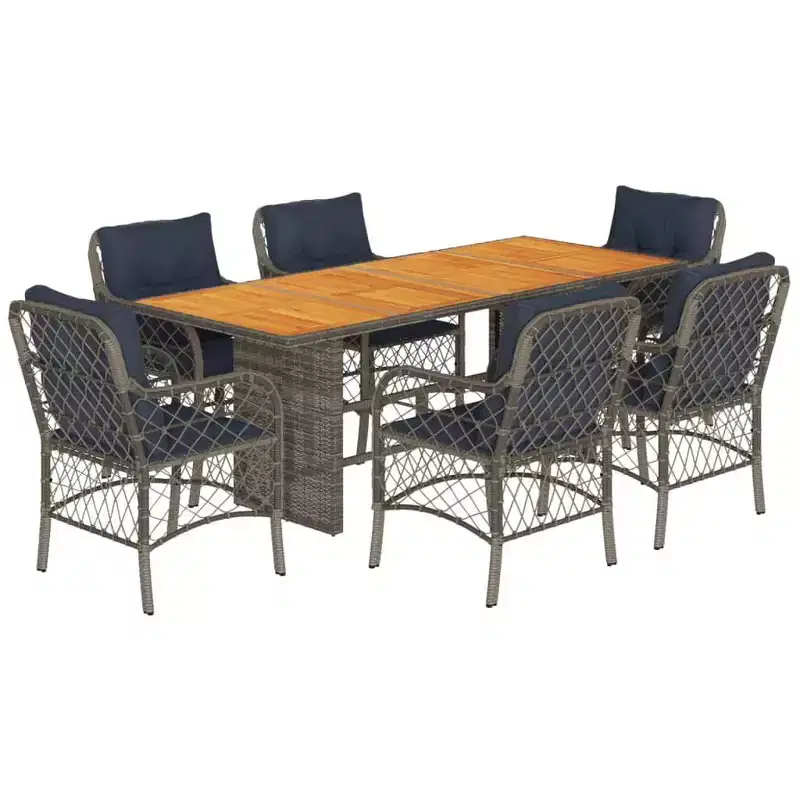 vidaXL 7-Piece Patio Dining Set with Cushions - Poly Rattan, Gray & Navy Blue, Weather-Resistant, Comfortable, Cleans Easy