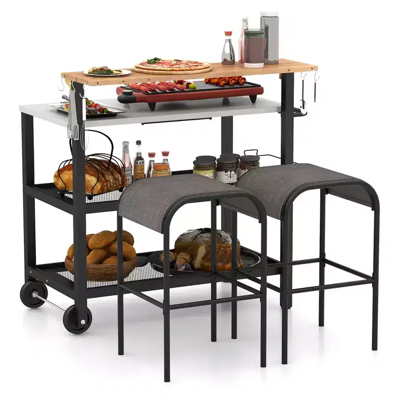 Rolling Bar Cart with Flip-up Table, Hooks, Paper Towel Holder & 2 Bistro Stools