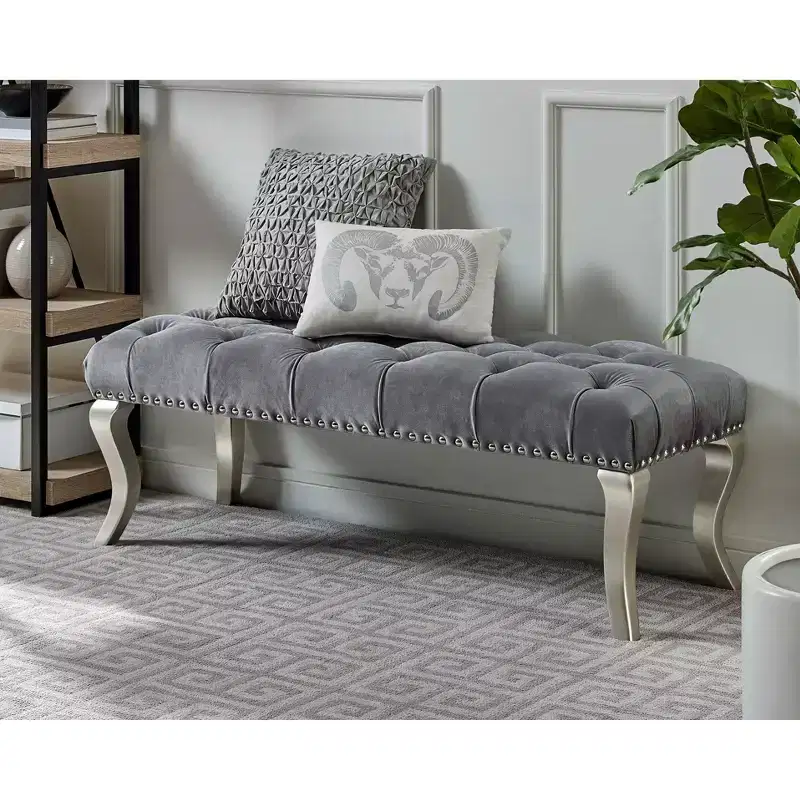 Roundhill Furniture Decor Maxem Tufted Fabric Upholstered Seat with Nailhead Trim Bench, Gray