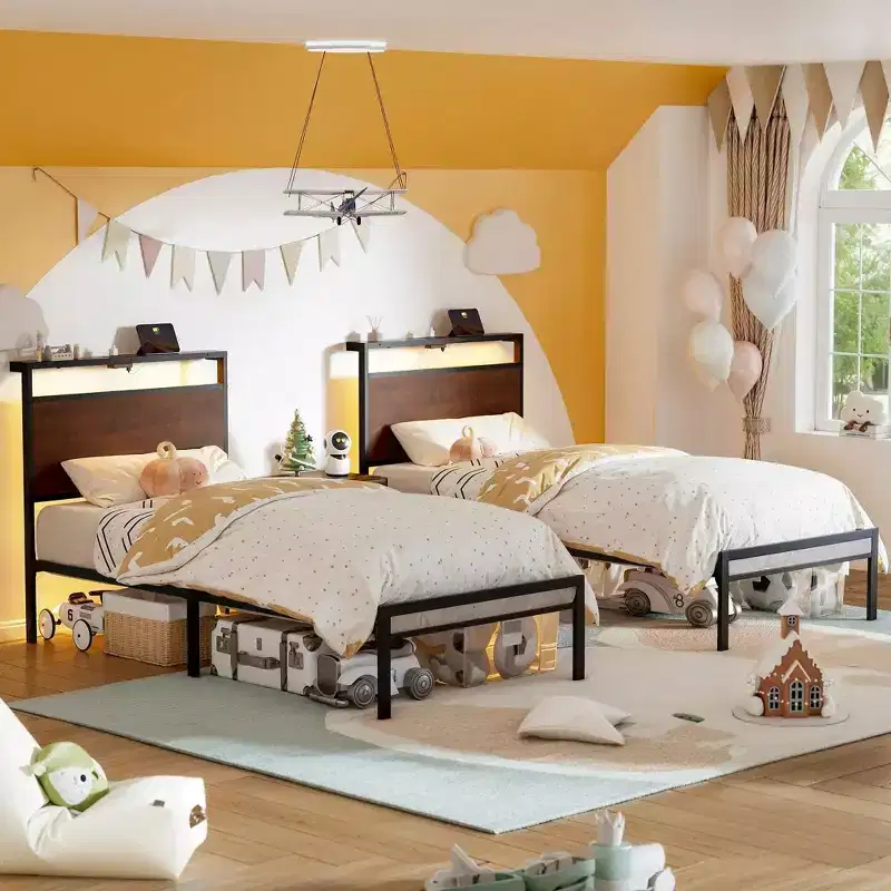 Hausource Twin Size Bed Frame with LED Headboard, Charging Station, No Box Spring Needed