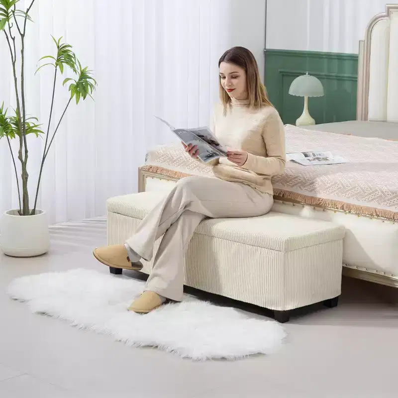47 Inches Storage Ottoman Bench, Foot Rest with Legs, End of Bed Bench, Corduroy Storage Chest for Living Room