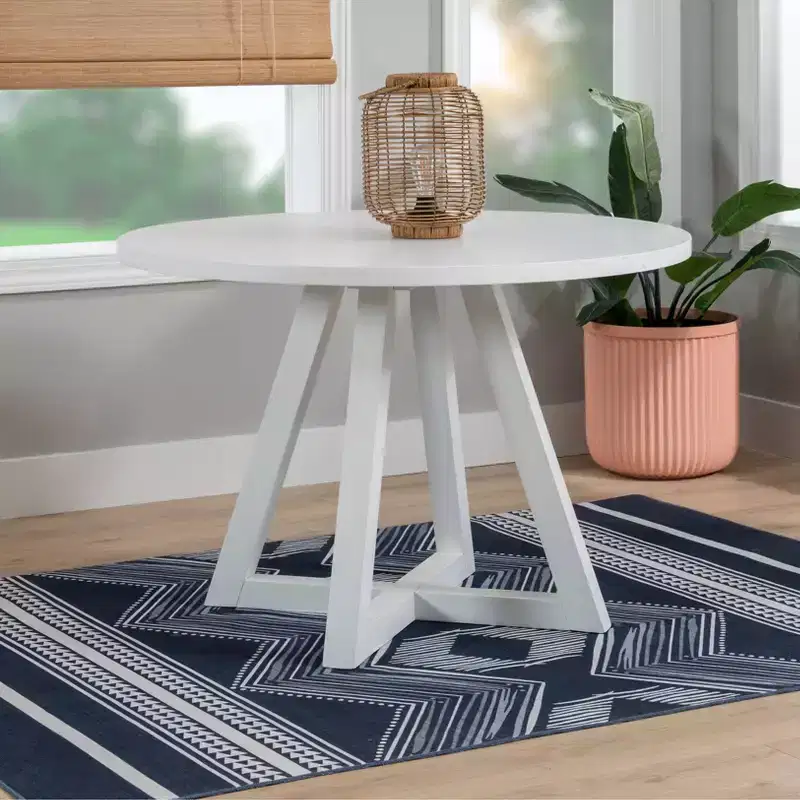 Solid Wood Round Dining Table White: Seats 4, Lacquered Pedestal Base, 44" Width