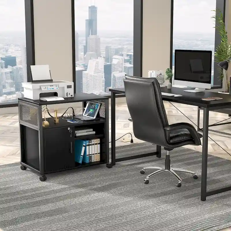 Rolling File Cabinet Lateral Office Filing Cabinets with Charging Station,Modern Printer Stand on Wheels
