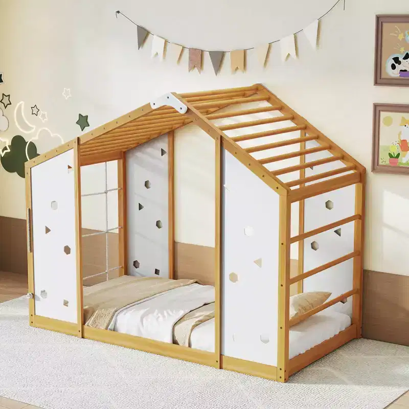 Twin Size 2-in-1 Montessori Floor Climbing Bed with Monkey Bars for Boys and Girls
