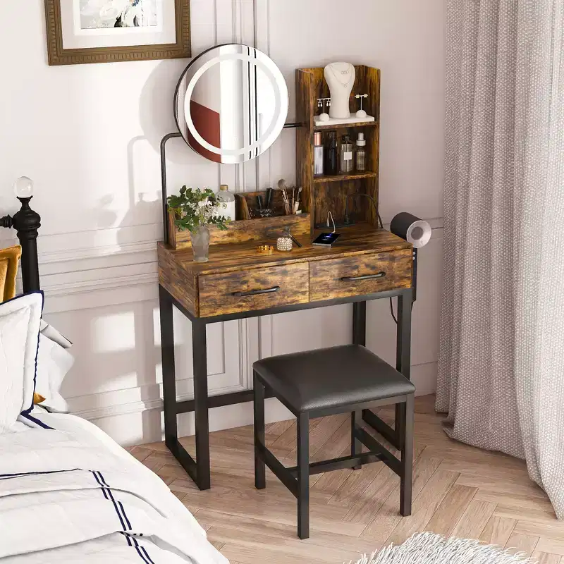 Vanity Desk with LED Lights, Power Outlet & 2 Drawers, Metal Legs, Brown