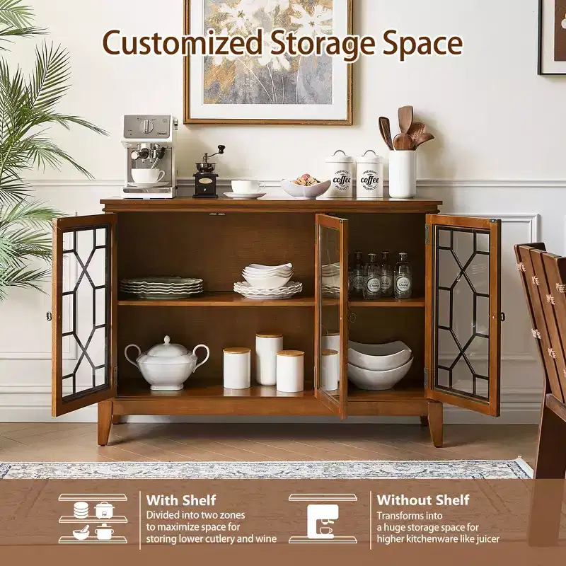 Stylish Dark Walnut Buffet Sideboard with Three Doors and Four Compartments - Ideal for Home Organization and Decor