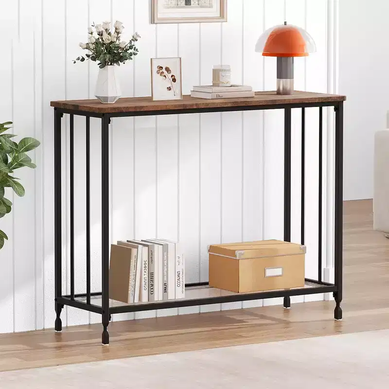 33.5/41.5 Console Table, Industrial entryway Table, Narrow Sofa Table with Glass Shelf