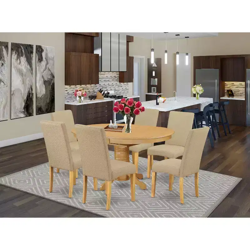 HomeStock Belmont 7Pc Oval 42/60 Dinette Table With 18 In Butterfly Leaf And 6 Parson Chair With Oak Finish Leg And Linen Fabric- Dark Khaki Color