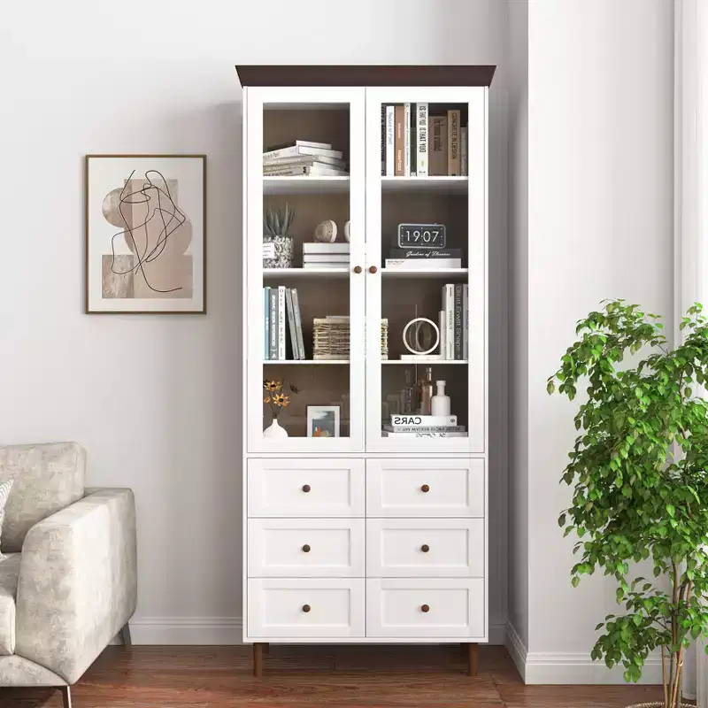 Storage Cabinet, White MDF Display with Glass Doors, Adjustable Shelves, Freestanding Cupboard for Kitchen Living Room