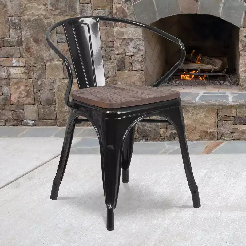 Stackable Bistro Metal Chair with Wood Seat and Arms