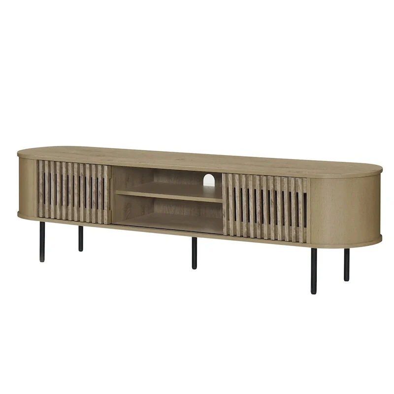 Natural / Walnut 2-Shelf TV Console with Sliding Doors