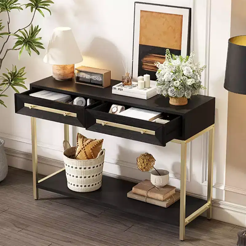 Retro Console Table with Geometric Drawers, Paulownia Wood Entryway Sofa Table with Gold Accents and Storage