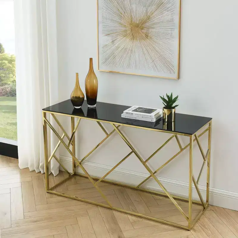 Okak Modern Console Table with Tempered Glass Top, Accent Table with Stylish Sturdy Metal Frame, Hallway Table for Living Room, Foyer