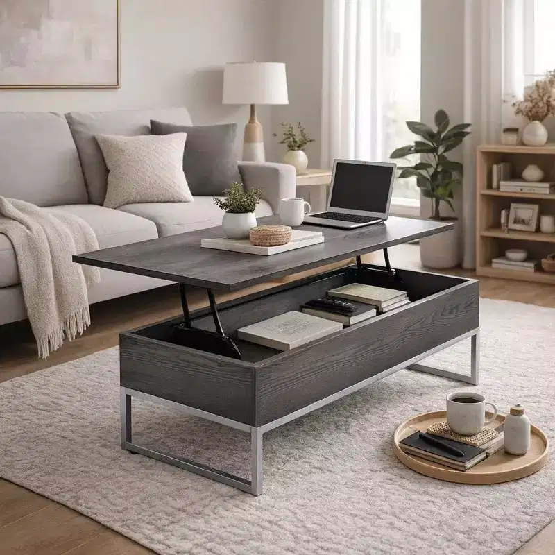 Wooden Coffee Table with Two Lift Tops and Metal Sled Leg Support, Gray and Silver