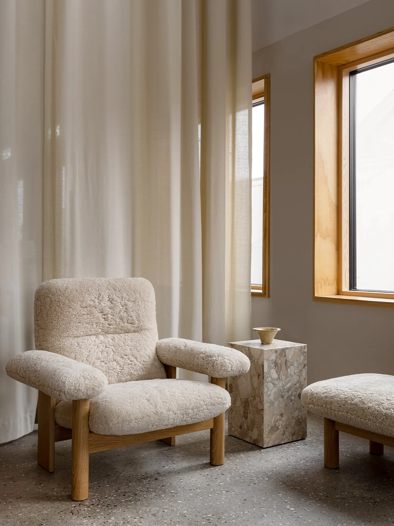 Scandinavian Mid-Century Sheepskin High Back Lounge Chair with Exaggerated Armrests for Living Room & Bedroom