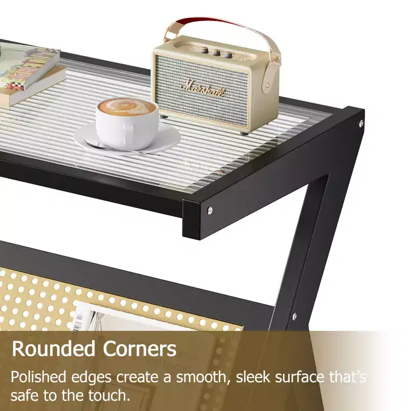 Z-Shaped Rattan End Table with Bamboo Frame & Tempered Glass Top