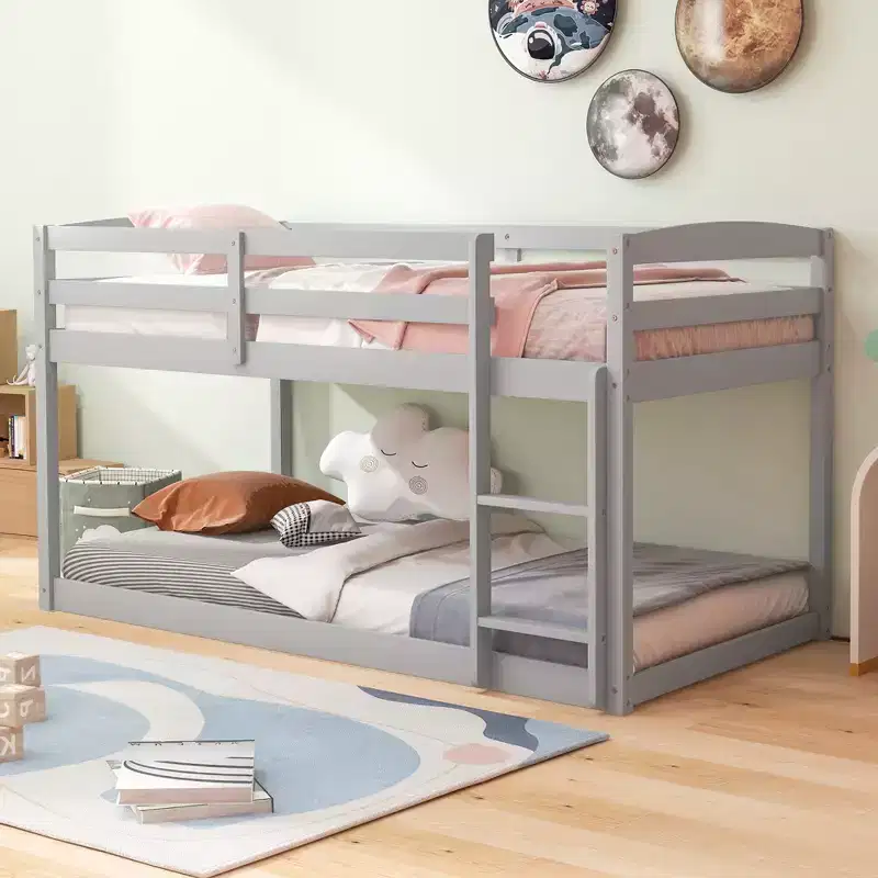 Costway Twin over Twin Low Bunk Bed with Guardrails Integrated Ladder Kids Wooden Grey/White/Beige/Pink